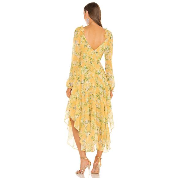 Sau Lee Georgia Long Sleeve V-Neck Floral Asymmetrical Hem Midi Dress Yellow-2 - Picture 3 of 9
